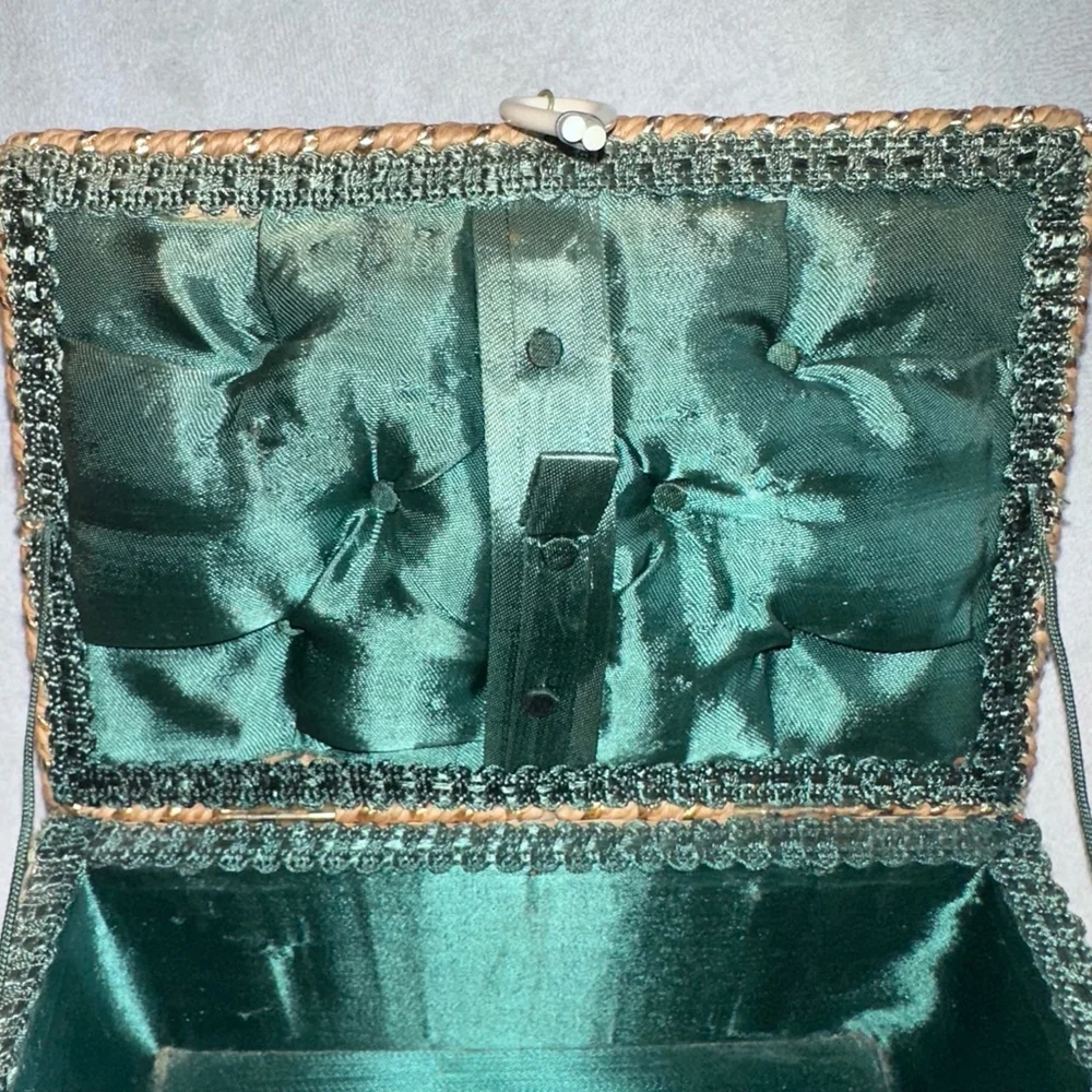 Vintage Braided Woven Wicker Sewing Basket Box Green Satin Lined Japan MCM